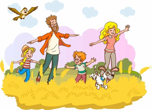 遊ぶ犬と幸せな家族 — ストックベクタ
