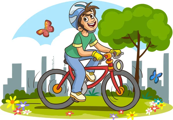一个可爱的小男孩骑自行车在城市公园的背景图上 — 图库矢量图片