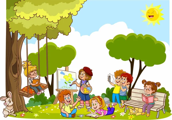 Dzieci Bawiące Się Parku Ilustracji — Wektor stockowy