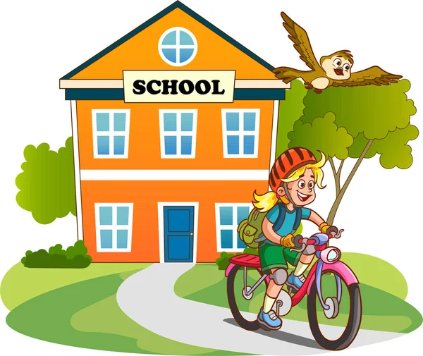 Skolbarn Med Cykel Och Skolbyggnad Illustration — Stock vektor
