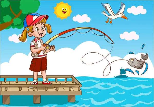 stock vector kids fishing in the sea cartoon vector