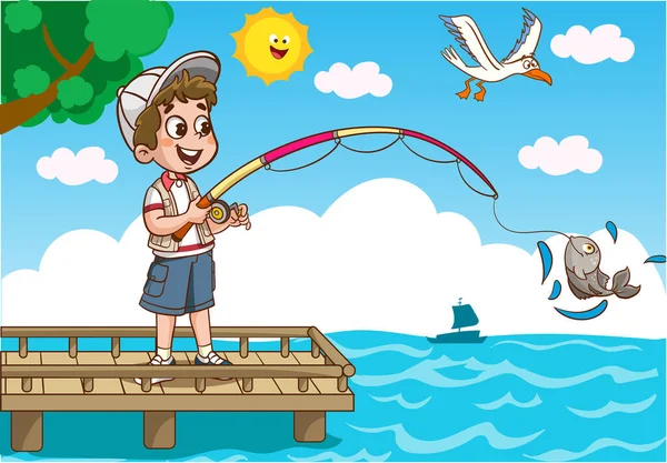 Kids Fishing Sea Cartoon Vector — Stock Vector