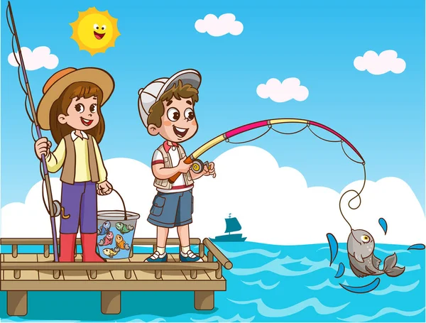 Çocuklar deniz karikatür vektöründe balık tutuyor.
