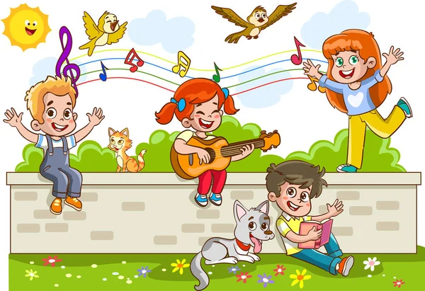 Gyerekek Játszanak Falon Énekelnek — Stock Vector