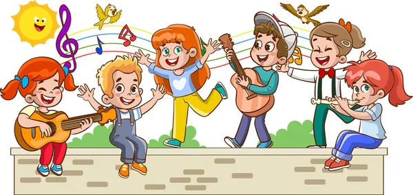 Παιδιά Παίζουν Στον Τοίχο Και Τραγουδούν — Διανυσματικό Αρχείο