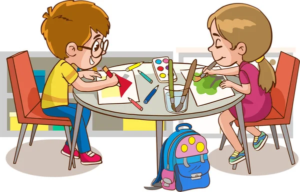 Junge Und Mädchen Sitzen Profil Runden Tisch Und Zeichnen Mit — Stockvektor