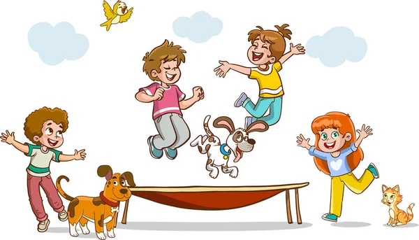 Kids Jumping Trampoline Cartoon Vector — Stock Vector
