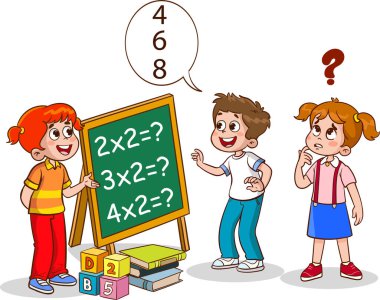 Mutlu çocuklar matematik öğreniyor. Çocuk matematik alıştırmaları yapıyor, hesap yapıyor, tahtaya yazı yazıyor.