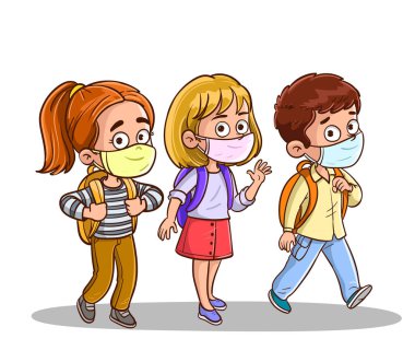 Çocuklar yürüyor ve okul vektör çizimine geri dönüyorlar