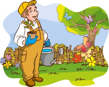 Bahçıvan, karikatür vektör illüstrasyonuna çiçek ekiyor.