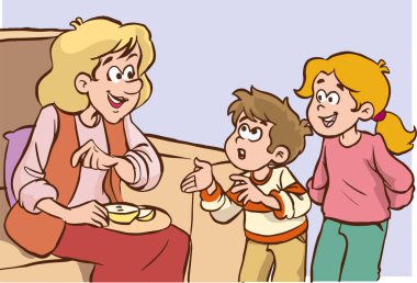 Anne ve çocuklar konuşuyor.