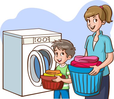 Anne ve oğlu çamaşır makinesinde çamaşır yıkıyorlar.