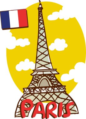 Eyfel kulesi çizim çizimi ikonu, Paris sembolü, Fransa, Fransız bayrağı çizim çizimi.