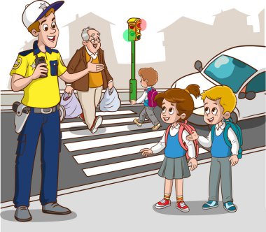Trafik polisiyle konuşan iki sevimli öğrenci.