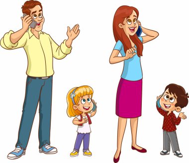 Telefon görüşmeleri. Konuşan insanlar erkek, kadın ve çocuklar