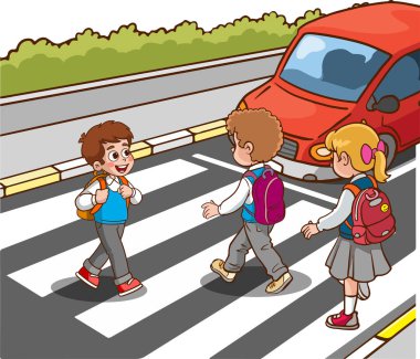 Okul çocukları, yayalar, Zebra 'yla caddeyi geçiyorlar, yol ayrımında güvenlik yürüyüşü yapıyorlar.