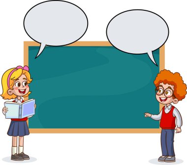 Okul üniformalı neşeli çocuklar masalarında oturmuş, ders dahil eğitim vektörü afişinin keyfini çıkarıyorlar.