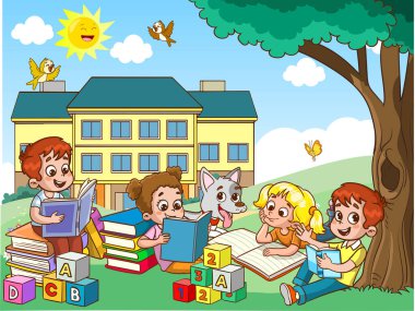 Bir grup okul çocuğu kitap okuyor.
