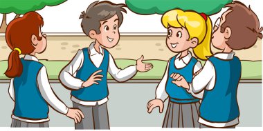 Okulda birbirleriyle konuşan öğrenciler çizgi film vektörü.