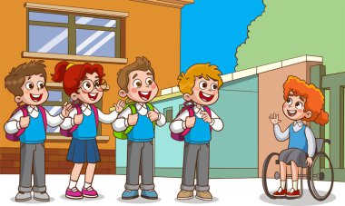 Şirin çocuklar okul bahçesindeki çizgi film vektörlerinde konuşuyorlar.