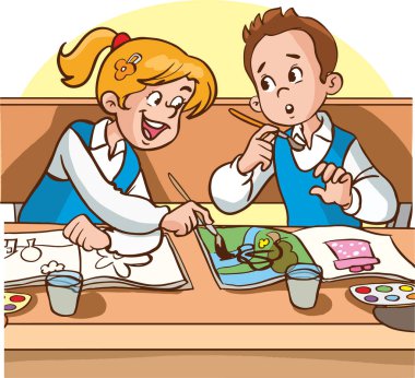 Sınıftaki çocuklar birlikte çizgi film çiziyorlar.