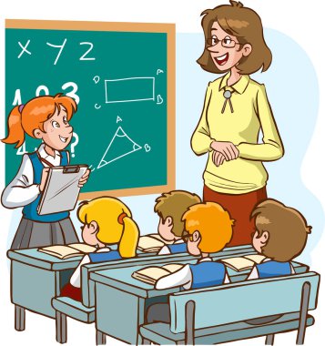 Öğretmen ve öğrenciler sınıf karikatür vektöründe çalışıyorlar.