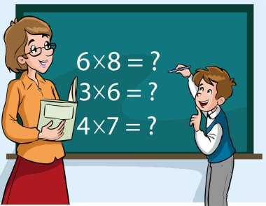 Öğretmen ve öğrenciler sınıf karikatür vektöründe çalışıyorlar.