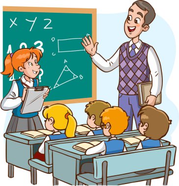 Öğretmen ve öğrenciler sınıf karikatür vektöründe çalışıyorlar.
