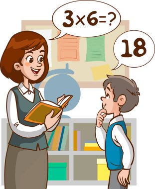 Öğretmen ve öğrenciler sınıf karikatür vektöründe çalışıyorlar.