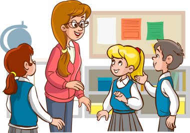 Öğretmen ve öğrenci karikatür vektöründe ders veriyor.