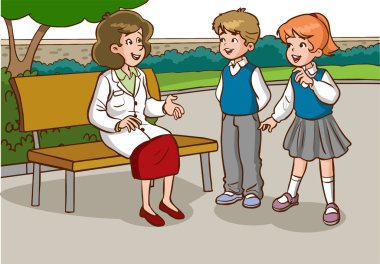 Öğretmen ve öğrenciler okul bahçesinde konuşuyor.