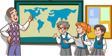 Öğretmen ve öğrenciler sınıf karikatür vektöründe çalışıyorlar.