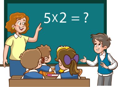 Öğretmen ve öğrenciler sınıf karikatür vektöründe çalışıyorlar.