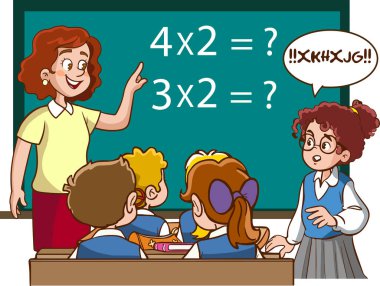 Öğretmen ve öğrenciler sınıf karikatür vektöründe çalışıyorlar.