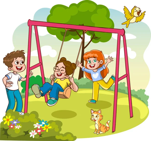 Vektor Ilustrasi Anak Anak Bahagia Bermain Taman Bermain - Stok Vektor