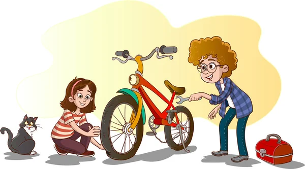 Διανυσματική Απεικόνιση Των Παιδιών Επισκευή Ποδήλατό Τους — Διανυσματικό Αρχείο