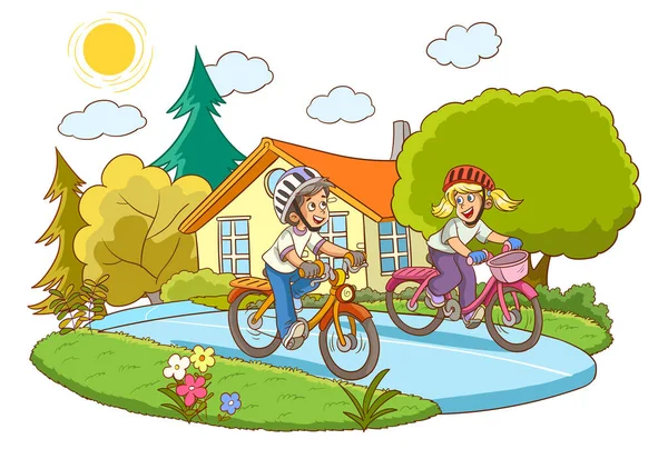 Boldog Kis Gyerekek Bicikliznek Vektor Illusztráció — Stock Vector