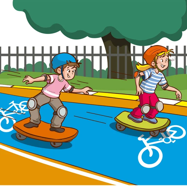 Crianças Pedalar Andar Skate Caminho Bicicleta Cartoon Vector — Vetor de Stock