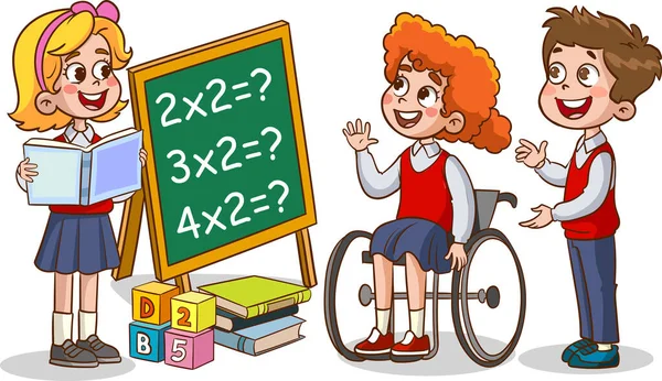 Šťastné Děti Učí Matematiku Dítě Člověk Dělat Matematické Cvičení Kalkulace — Stockový vektor