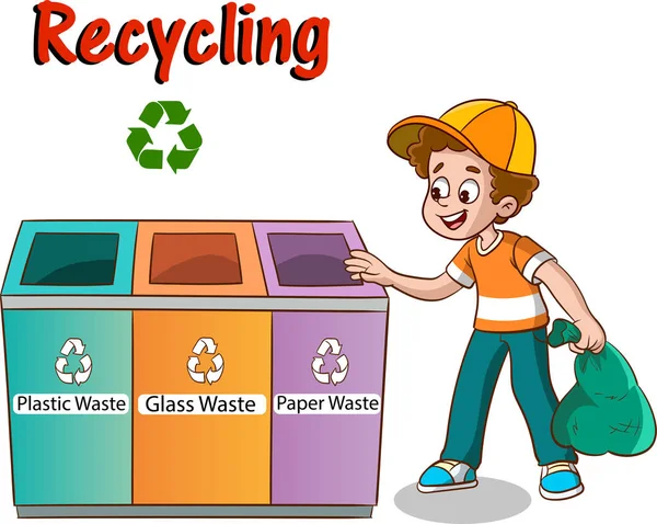 Děti Házet Odpadky Recyklaci Bin Children Znečištění Životního Prostředí Kreslený — Stockový vektor