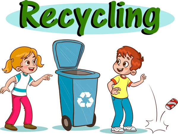 Çocuklar Çöp Kutusuna Çöp Atıyor Çocuklar Çevre Çizgi Film Taşıyıcısını — Stok Vektör