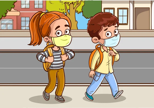 Kids Walking Going Back School Vector Illustration — Stock Vector