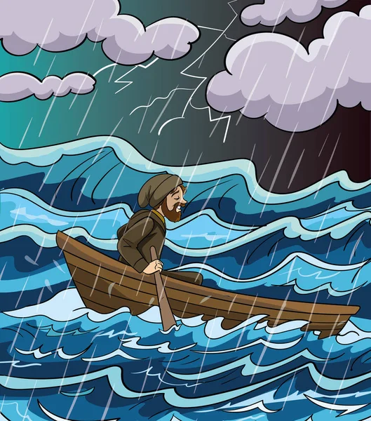 渔夫试图穿过汹涌的大海 渔夫在暴风雨云汹涌的大海中捕鱼 — 图库矢量图片