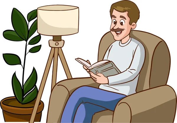 Homme Assis Sur Canapé Lisant Livre Vecteur Dessin Animé — Image vectorielle