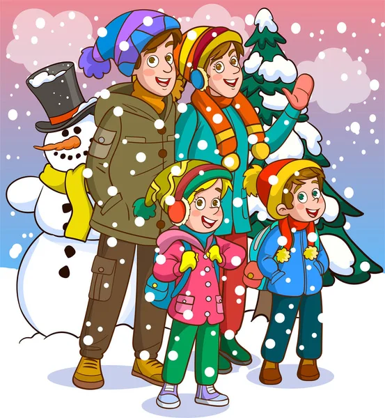Szczęśliwa Rodzina Ubrana Zimowe Ciepłe Ubrania Ludzie Północy Święta Bożego — Wektor stockowy