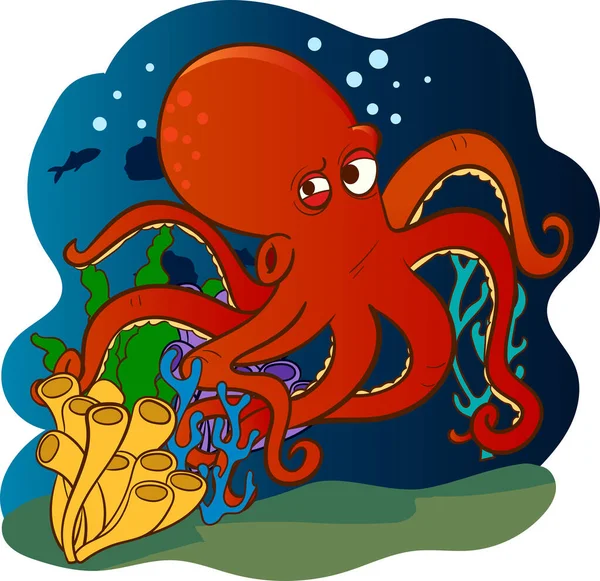 Vector Illustration Red Octopus Underwater — Stock Vector