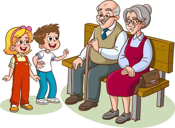 ベンチと孫の漫画のベクトルに座っている祖父 — ストックベクタ