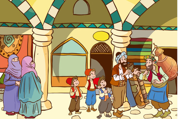 Ottoman period daily life, street life and people catoon vector