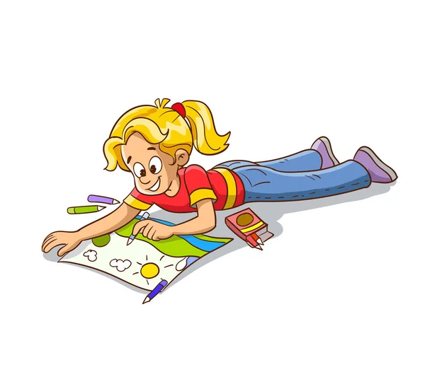 Enfant Couché Sur Sol Peinture Dessin Animé Vecteur Illustration — Image vectorielle