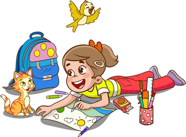 Kind Liggend Vloer Schilderen Cartoon Vector Illustratie — Stockvector